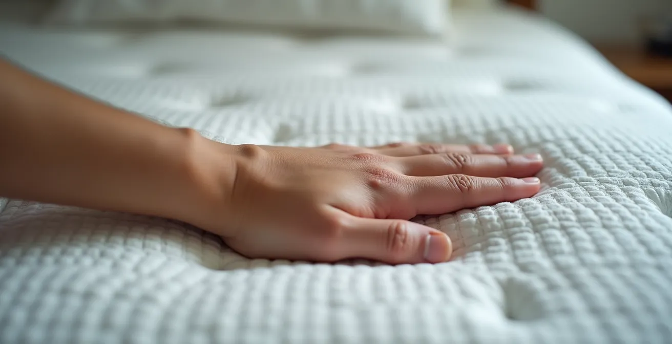 Gros plan sur une main effectuant le test de la main sous les lombres pour détecter l'espacement du matelas, montrant la technique du diagnostic