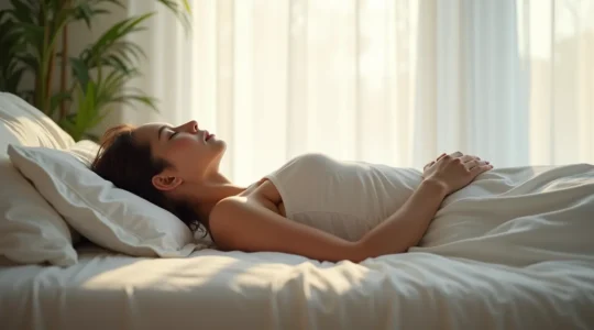 Personne dormant sur un matelas adéquat avec colonne vertébrale alignée, vue de profil montrant l'alignement naturel du corps