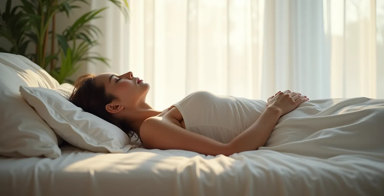 Personne dormant sur un matelas adéquat avec colonne vertébrale alignée, vue de profil montrant l'alignement naturel du corps