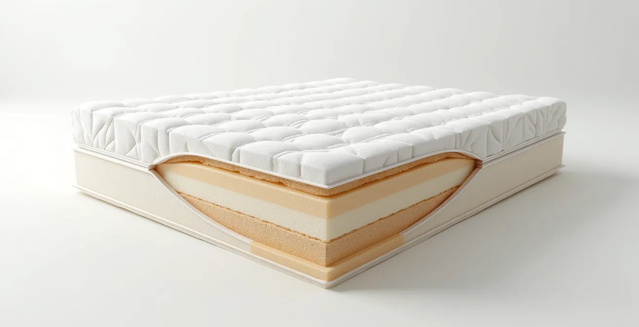 Vue en coupe d'un matelas montrant les 7 zones de soutien différencié avec textures visibles et densités variables par zone
